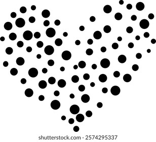 Black dots in varying sizes forming a heart shape against a pristine white background, representing love, affection, and deep emotional connections in a modern, minimalistic design