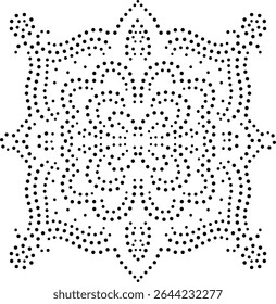 Elemento de design central preto pontilhado abstrato. Pode ser usado para criar padrões para bordados, tecido, almofada, tapete, cortina, papel de parede, envoltório de presente, cartão, tampa etc.