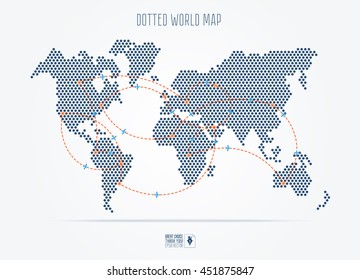 Black Dotted Abstract Travel World Map With Flight Routes. Vector Illustration In Flat Style.