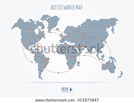 Black dotted abstract travel world map with flight routes. Vector illustration in flat style.