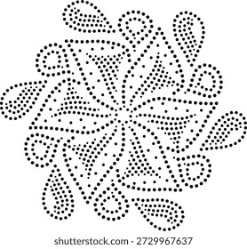 Elemento De Design Simétrico Isolado De Índio Árabe Pontilhado Preto Com Pétalas Pontilhadas Giratórias Alternadamente Organizadas Com Buds. Etnia Diwali Rangoli Art. Bordado Vetor. Henna, Modelo de Gravação. Pode Ser Usado Para Tecido, Almofadas, Cortinas, Tapetes, Cartões, Tampas, Coasters De Madeira, Fundo, Tampa Do Telefone, Estacionário, Embalagem, Decoração Ou Para Criar Padrões Repetitivos. 
