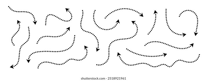 Black dotted arrows set. Wavy and curved dashed arrow collection. Doodle sketched thin pointers and direction lines. Dots outline stripe design elements bundle for flyer, poster, brochure. Vector
