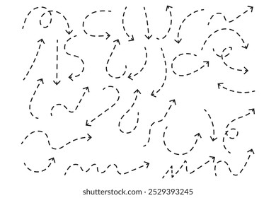 Setas pretas pontilhadas definidas. Coleção de setas onduladas e curvas tracejadas. Rabiscar ponteiros finos esboçados e linhas de direção. Os pontos rabiscam o conjunto de elementos de design da faixa para folheto, cartaz, brochura. Vetor