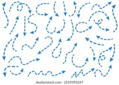 Setas pretas pontilhadas definidas. Coleção de setas onduladas e curvas tracejadas. Rabiscar ponteiros finos esboçados e linhas de direção. Os pontos rabiscam o conjunto de elementos de design da faixa para folheto, cartaz, brochura. Vetor