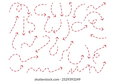 Setas pretas pontilhadas definidas. Coleção de setas onduladas e curvas tracejadas. Rabiscar ponteiros finos esboçados e linhas de direção. Os pontos rabiscam o conjunto de elementos de design da faixa para folheto, cartaz, brochura. Vetor