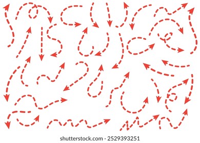 Setas pretas pontilhadas definidas. Coleção de setas onduladas e curvas tracejadas. Rabiscar ponteiros finos esboçados e linhas de direção. Os pontos rabiscam o conjunto de elementos de design da faixa para folheto, cartaz, brochura. Vetor