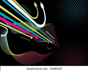 black dotted background with colorful wave, arrowhead illustration