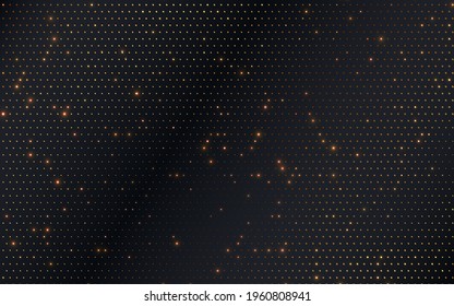 Fondo de puntos negros. El brillo dorado medio tono de fondo salpicado. Ilustración vectorial.
