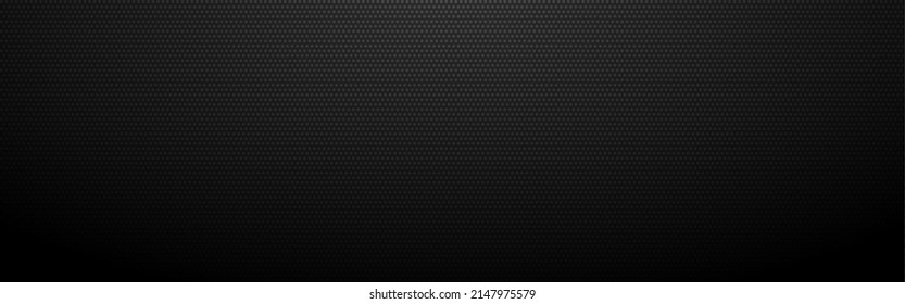 Black dotted background. Wide dark wallpaper. Round carbon cover. Modern texture with shadow. Elegant website backdrop with light. Vector illustration.