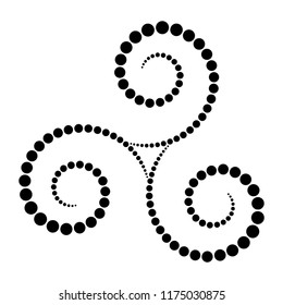 Black dotted Celtic triskelion spiral. Increasing points from the center of the spirals forming a triple spiral. Twisted and connected spirals. Isolated illustration on white background. Vector.