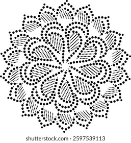 Black Dotted Circular Dynamic Rotating Floral Mandala Design, Vibrant Geometric Floral Mandala, Cushion and Embroidery design or to create repetitive pattern for fabric, wallpaper, curtain, carpet etc