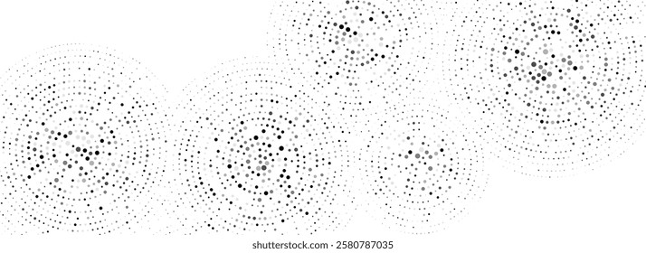 Black dotted concentric circle pattern. Radial halftone abstract wallpaper. Rippled sound wave ring background. Tech circular particle texture for banner, poster, presentation. Vector backdrop