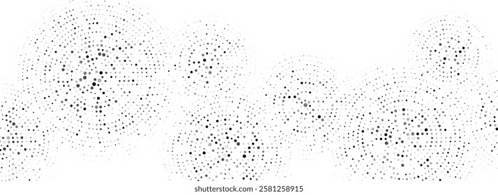 Black dotted concentric circle pattern. Radial halftone abstract drop wallpaper. Rippled sound wave ring background. Tech circular particle texture for banner, poster, presentation. Vector backdrop