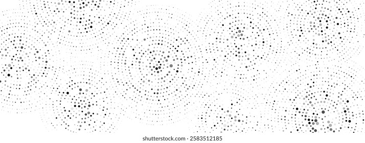 Black dotted concentric circle pattern. Radial halftone abstract drop wallpaper. Rippled sound wave ring background. Circular particle texture for flyer, poster, presentation. Vector backdrop