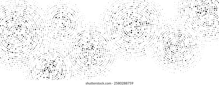 Black dotted concentric circles pattern. Radial halftone abstract wallpaper. Rippled sound wave rings background. Tech circular particles texture for banner, poster, presentation. Vector backdrop