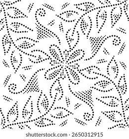 Black Dotted Design Showing Wavy Leaf Branches Converging Towards Central Simple Flower. Intricate Modern Western Flower Leaves Embroidery Design Template.  Seamless Asian Wavy Fabric Illustration. 