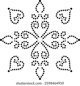 Black Dotted Floral Mandala Pattern with Concentric Dots, Curves and Geometric Shapes can be used as a Cushion, embroidery design Repetitive patterns for fabric curtain carpet wallpaper gift wrap etc