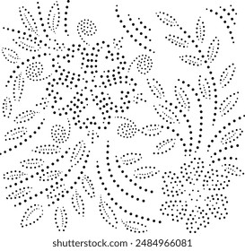 Black Dotted Flowers and Leaves Design Pattern.