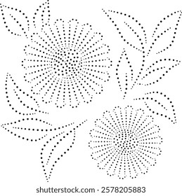 Black Dotted Flowers And Leaves Design Pattern. Can be used as a pattern for fabric, curtain, cushion, wallpaper, gift wrap, carpet, embroidery, card, cover etc. or as individual decorative element. 
