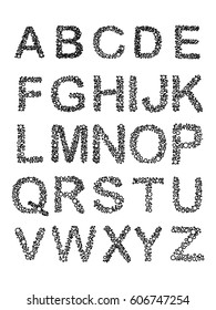 Black dotted halftone alphabet. Vector illustration. Abstract abc in flat design.