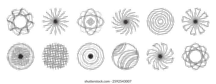Black dotted halftone circle set, trendy vintage round shapes, vector retro radial forms, grunge effect monochrome gradients, modern abstract backgrounds