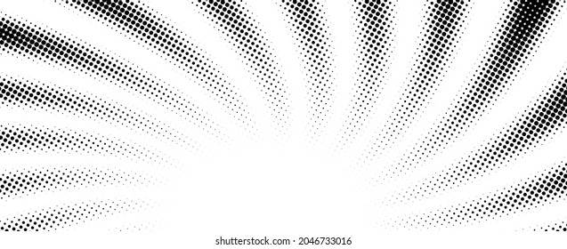 Black dotted halftone sunbeams or explosion rays. Vector pop art illustration.