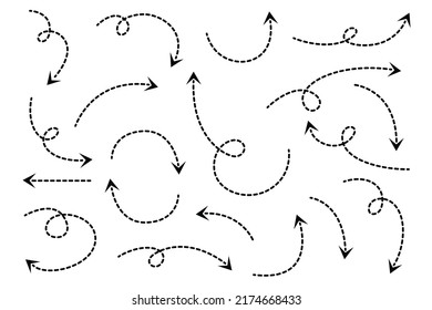 Black Dotted Hand Drawn Arrows Set on White Background. Arrow, Cursor Icon. Vector Pointers Collection