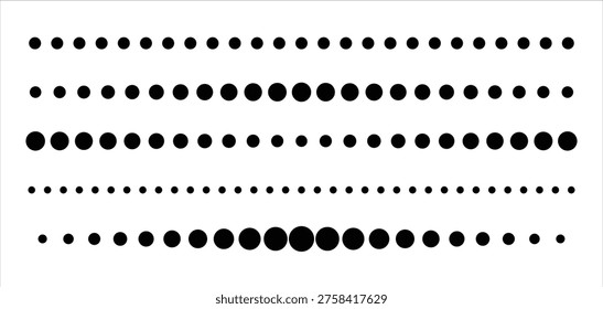 Black dotted line divider set. Abstract circle dot border collection. Minimal geometric dotted separator design. Modern dot line decoration elements.