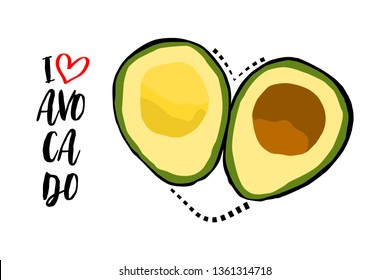 Black Dotted line heart with two pieces of avocado fruit isolated on white background. Black hand drawn text I love avocado with little red heart. Typography cartoon design. Vector illustration.