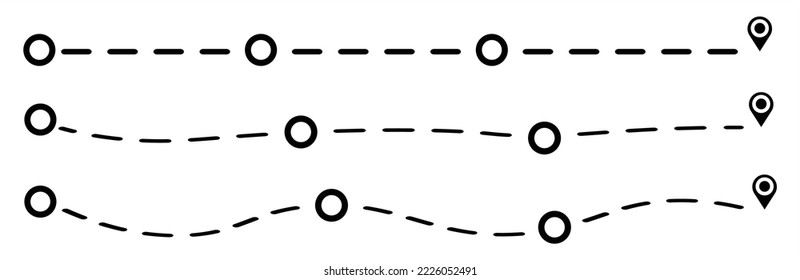 Black dotted line path with black location pin pointers.  Start and end journey symbol.  Travel path set. Line path collection. Way and location pointers. GPS concept. Vector graphic illustration