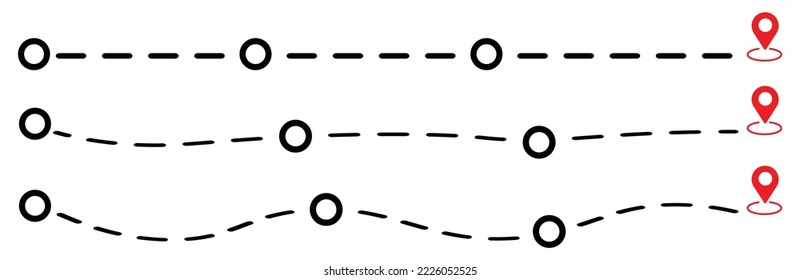 Black dotted line path with red location pin pointers.  Start and end journey symbol. Travel path set. Line path collection. Way and location pointers. GPS concept. Vector graphic illustration.