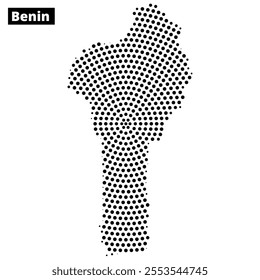 A black dotted outline of Benin is centered on a white background, highlighting the country's shape. The name Benin is prominently displayed above.