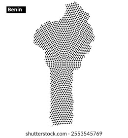 A black dotted outline of Benin is centered on a white background, highlighting the country's shape. The name Benin is prominently displayed above.