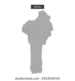 A black dotted outline of Benin is centered on a white background, highlighting the country's shape. The name Benin is prominently displayed above.