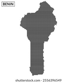 A black dotted outline of Benin is centered on a white background, highlighting the country's shape. The name Benin is prominently displayed above.