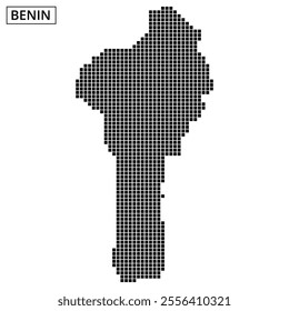 A black dotted outline of Benin is centered on a white background, highlighting the country's shape. The name Benin is prominently displayed above.