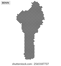 A black dotted outline of Benin is centered on a white background, highlighting the country's shape. The name Benin is prominently displayed above.