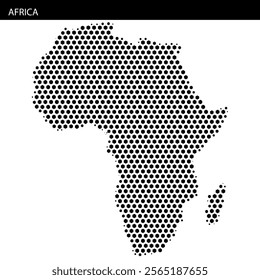 Black dotted outline displays the continent of Africa, highlighting its geographic shape and distinct features with minimal detail.