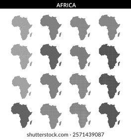 Black dotted outline displays the continent of Africa, highlighting its geographic shape and distinct features with minimal detail.