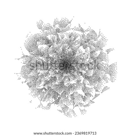 Black dotted rose flower form. Textured plant peony element for leaflet, banner, poster, booklet, brochure. Stippled dot work botanical illustration with grain effect. Vector sand noise petals shape