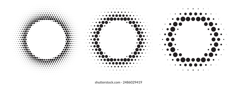 Black dotted round patterns. Golden frames with halftone effect. Abstract shining circle background with light glow elements. Modern futuristic graphic vector illustration set isolated on white.