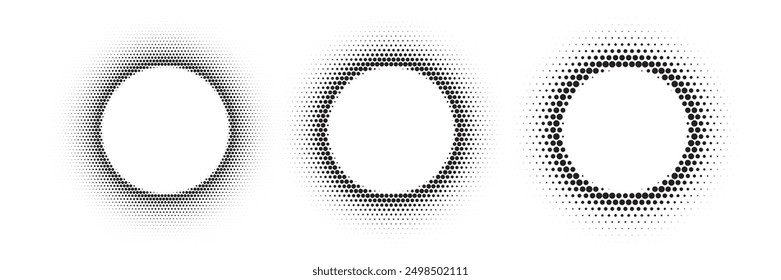 Patrones redondos punteados negros. Marcos dorados con efecto semitono. Abstractas fondo brillante con Elementos de luz brillante. Conjunto de Ilustración vectorial gráfica futurista moderno aislado en blanco.