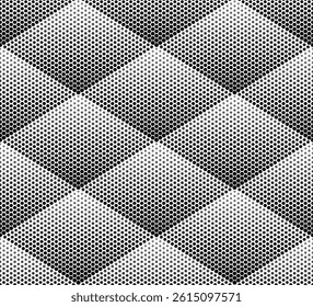 Black dotted square seamless pattern on white background. Hexagon dotted halftone gradient texture pattern. Vanishing polka dot background.  Black fading comic pop art overlay backdrop. 