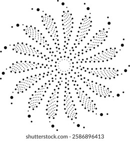 Black Dotted Symmetrical Anticlockwise Floral Design Can be used as decorative element or cushion, embroidery design or to create repetitive patterns for fabric, wallpaper, gift wrap, curtains, carpet