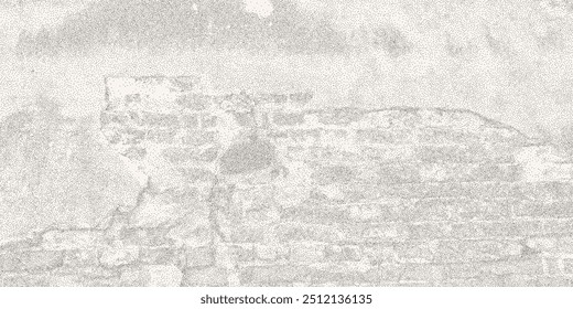 Black dotted textured background, noisy gritty dot halftone effect. Old cracked brick wall texture, vintage distress overlay. Black and white decorative element.