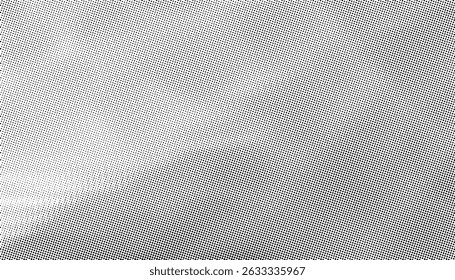 Black dotted textured background, sheet of crumpled craft backdrop. Noisy gritty dot halftone effect, retro banner in grunge style, overlay. Vintage vector illustration.
