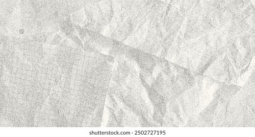 Black dotted textured background, sheets of crumpled checkered, dotted, craft paper. Noisy gritty dot halftone effect, fashionable banner in grunge style, overlay.