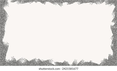 Marco horizontal de textura con puntos negros, efecto de semitonos de puntos grises ruidosos, ilustración vectorial. Banner de moda de estilo grunge. Pintar manchas y bordes geométricos desiguales.