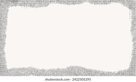 Black dotted textured horizontal frame, noisy gritty dot halftone effect, vector illustration. Fashionable banner in grunge style. Checkered linen and splashes of paint.