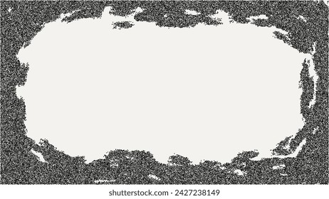 Black dotted textured horizontal frame, noisy gritty dot halftone effect, vector illustration. Fashionable banner in grunge style. Oval frame, splashes of paint.